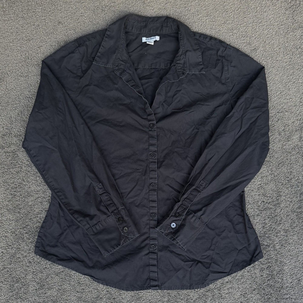 Old Navy Womens Large Black Cotton Long Sleeve Button Down Shirt Collared Top